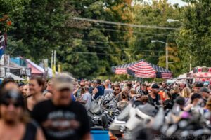 Motorcycles line Main Street during the Jonesboro River Rally,