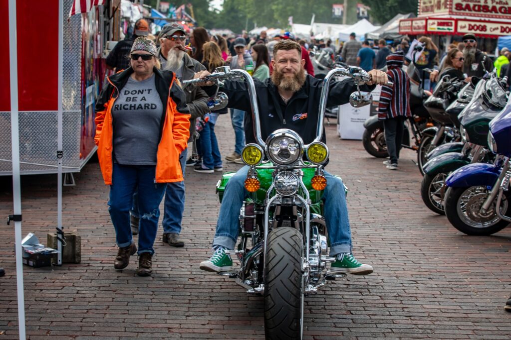 Motorcycles line Main Street during the Jonesboro River Rally